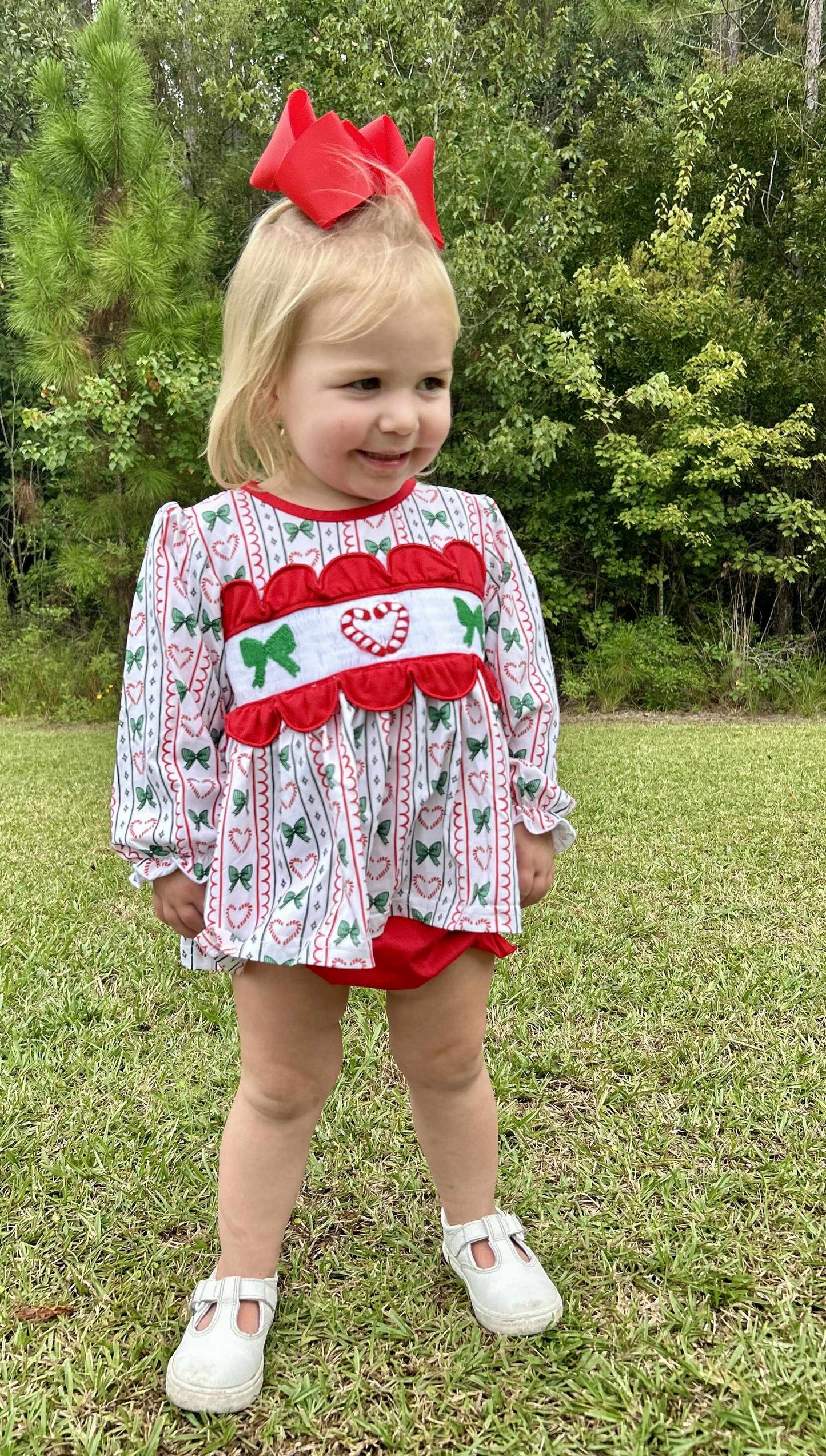 RTS - Candy Cane Bow Smock Diaper Set