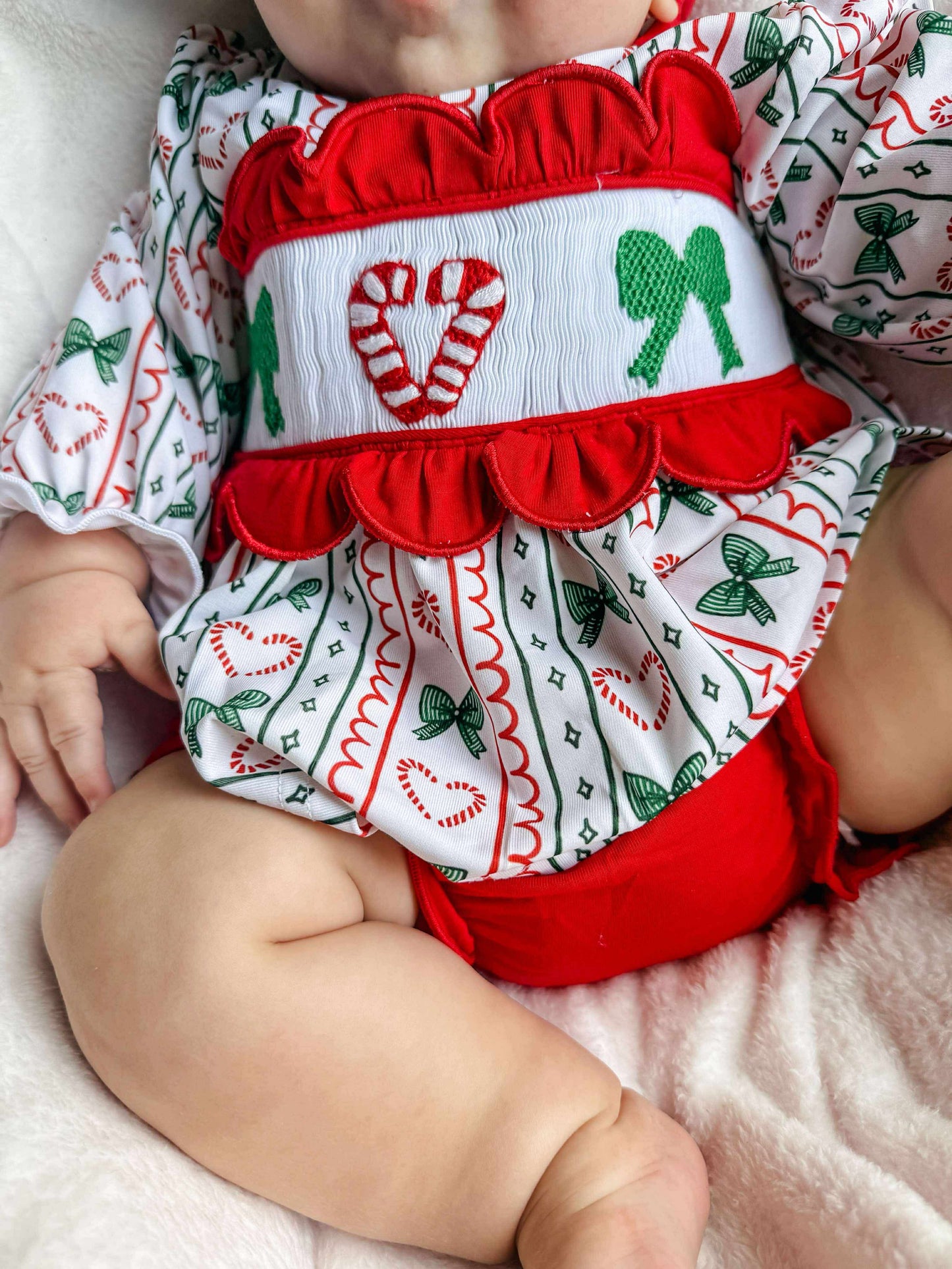RTS - Candy Cane Bow Smock Diaper Set
