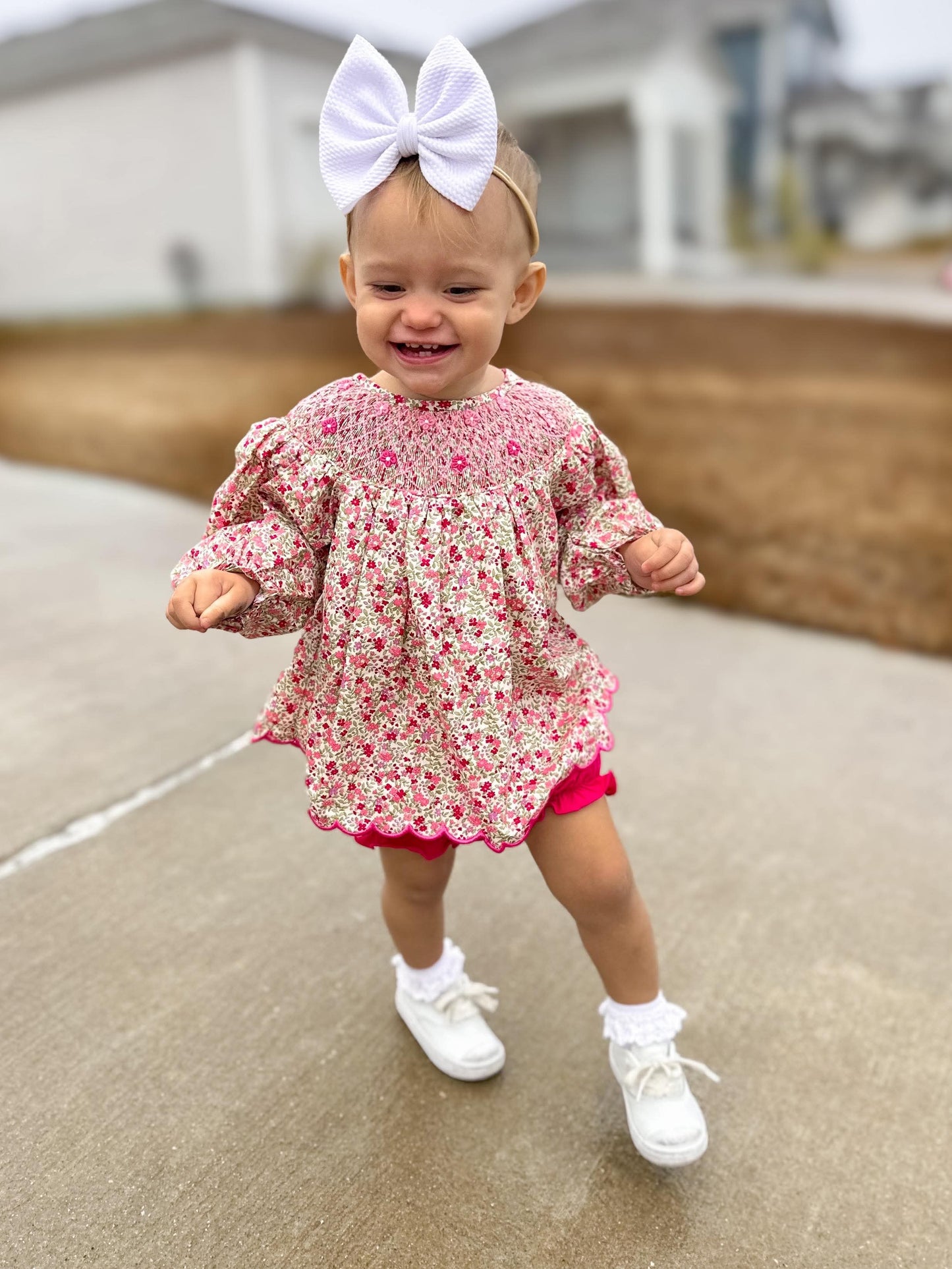 RTS - Hot Pink Floral Smocked Diaper Set