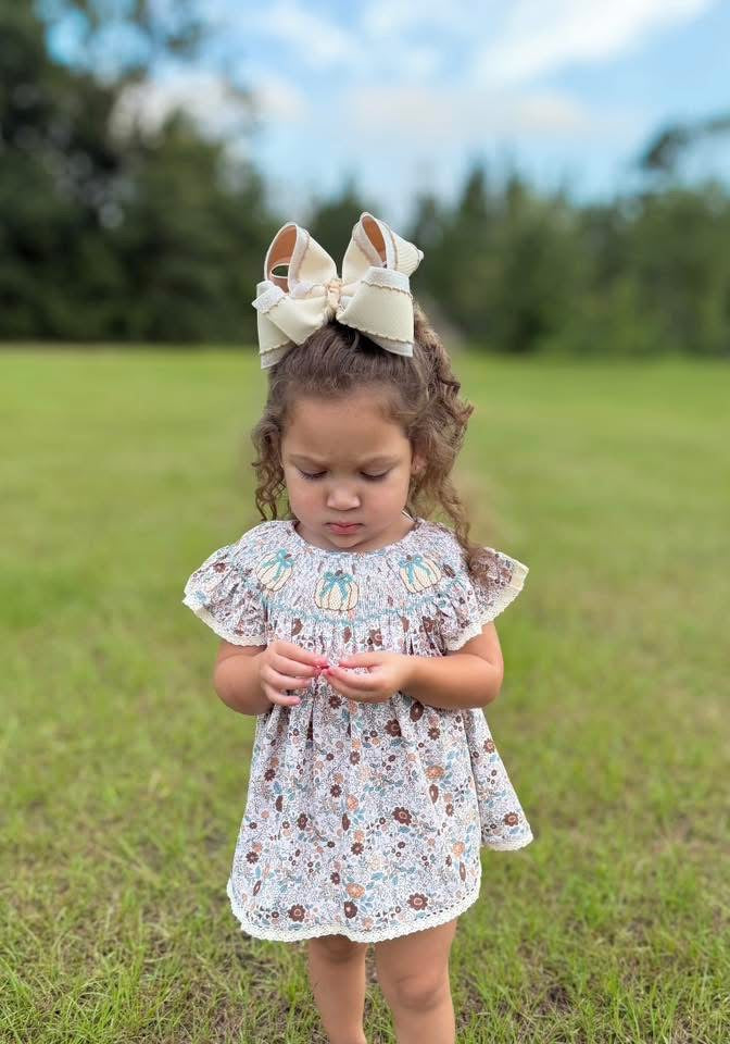 RTS - Floral/Blue Bow Smock Diaper Set