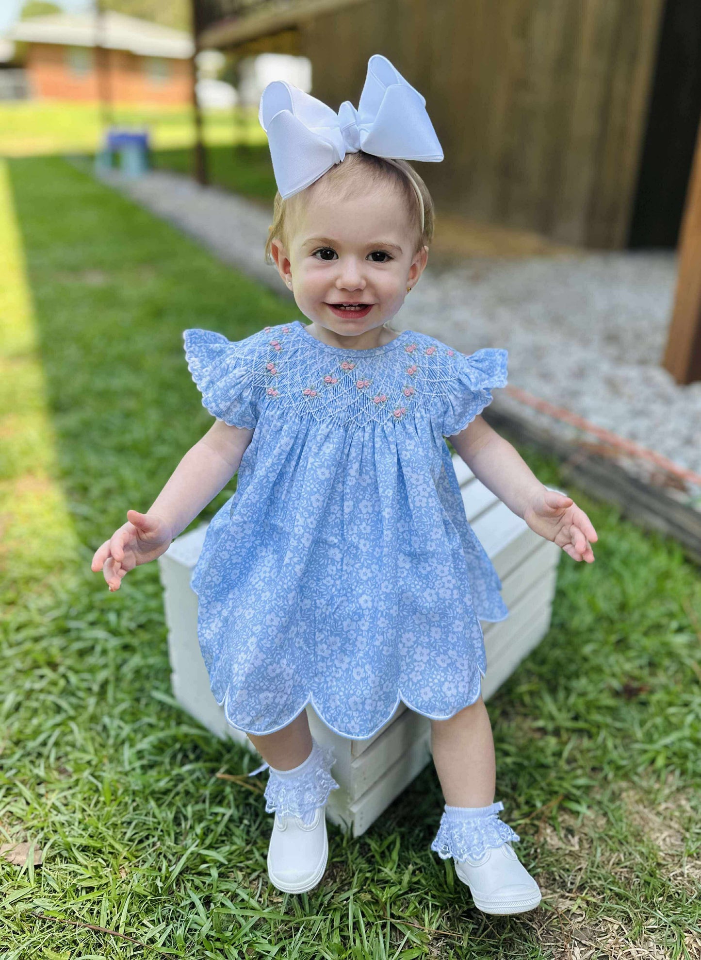 RTS - Blue Floral Smocked Diaper Set