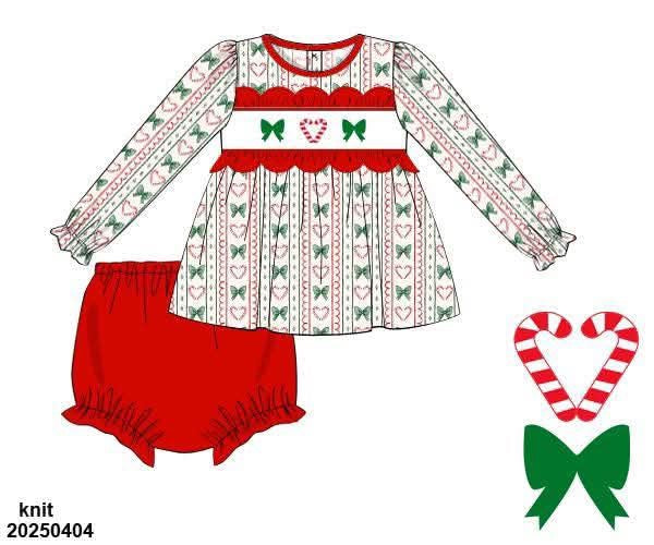 RTS - Candy Cane Bow Smock Diaper Set