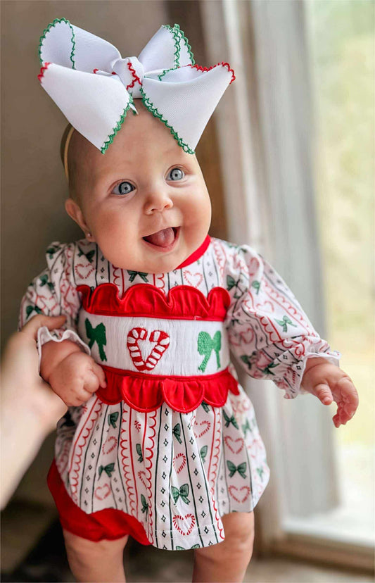 RTS - Candy Cane Bow Smock Diaper Set