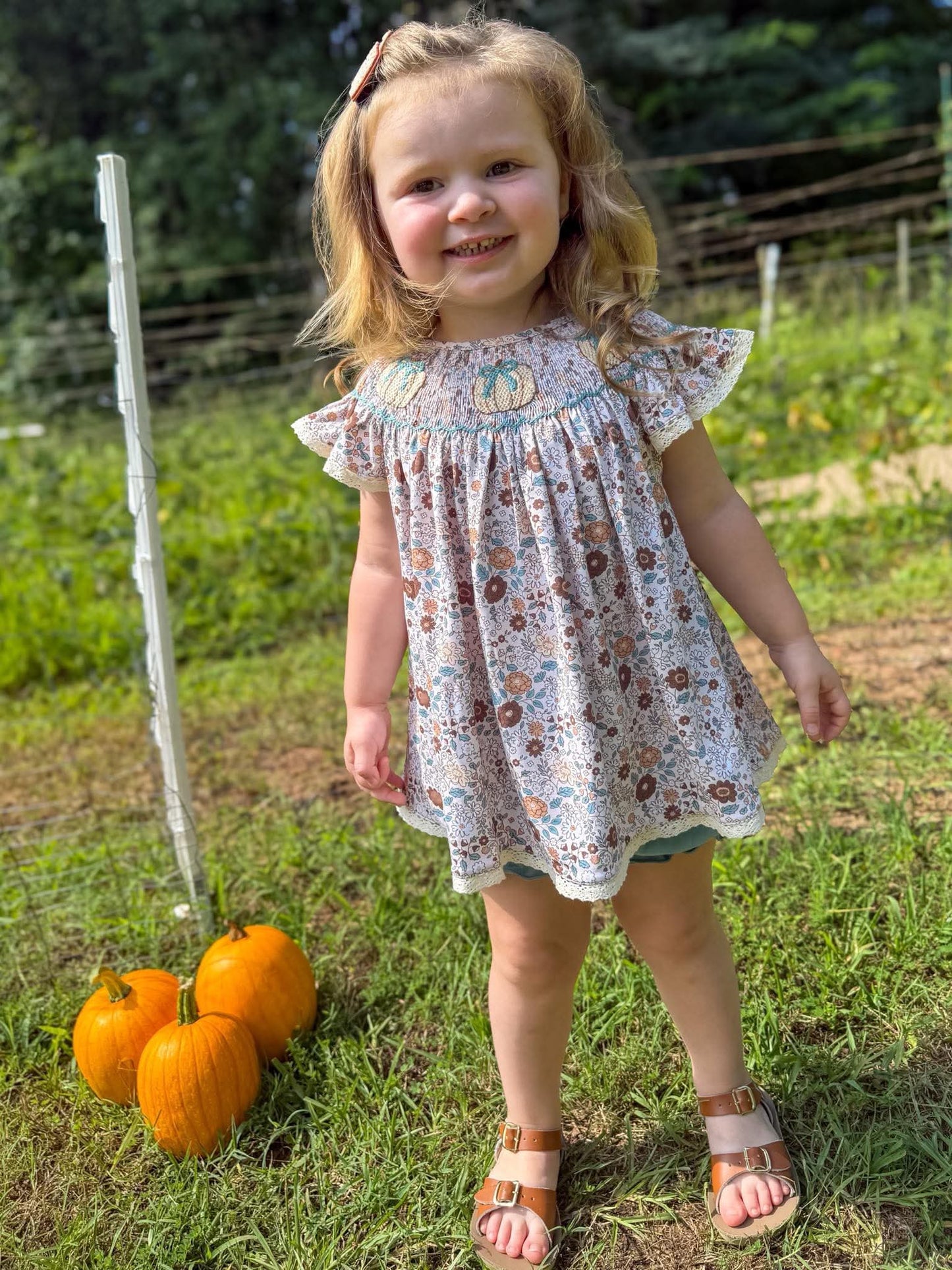 RTS - Floral/Blue Bow Smock Diaper Set