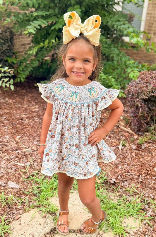 RTS - Floral/Blue Bow Pumpkin Smock Diaper Set