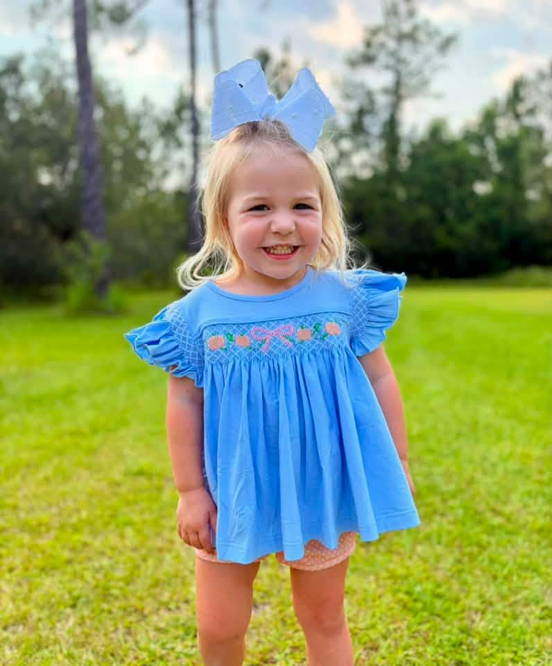 RTS - Blue Bow/Pumpkin Short Set